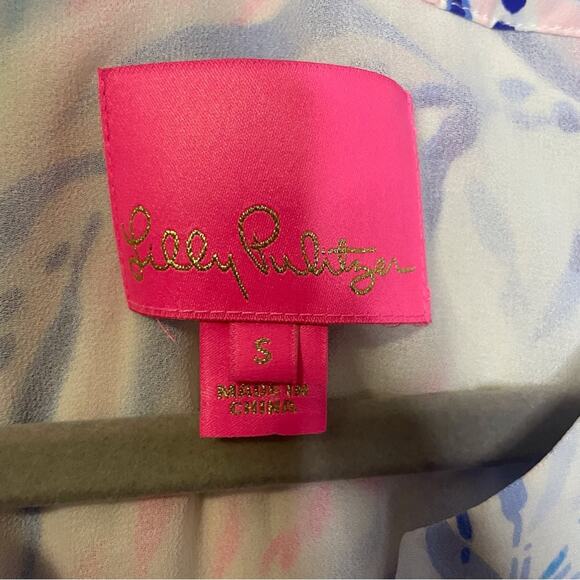 Lily Pulitzer Elenora Silk Dress. Blue tint kaleidoscope coral. Size small. - Picture 3 of 5